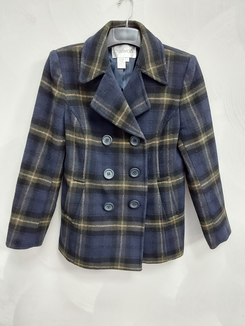 Vintage Navy Blue Plaid Double-Breasted Wool  Peacoat 6 - Picture 2 of 7